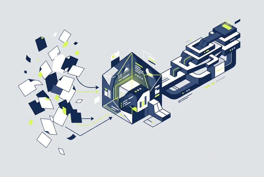 Abstract isometric illustration of scattered documents being processed into an ordered workflow.