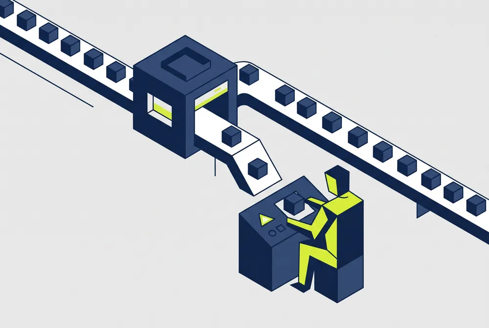 Abstract isometric illustration of a review step held for human approval before release.