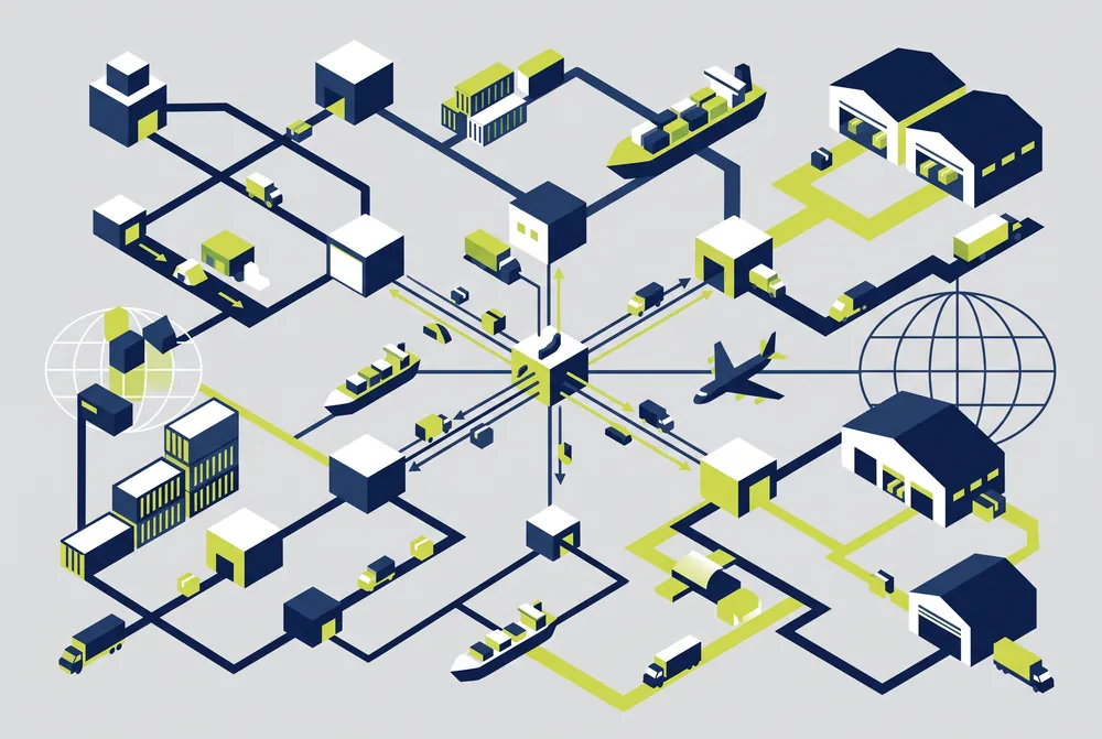 Abstract isometric illustration of connected logistics and distribution nodes.
