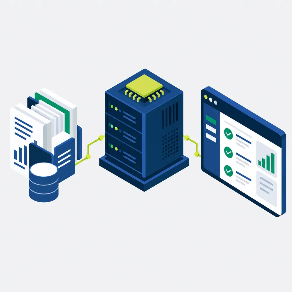 Isometric illustration of documents and data flowing through a processing server into an approved dashboard.