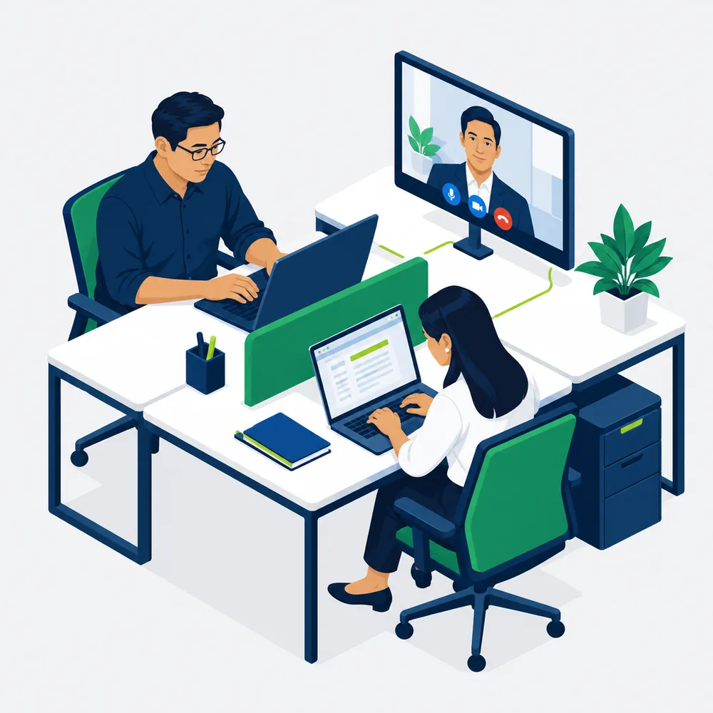 Isometric illustration of two specialists working at a shared desk with a colleague joining by video call.